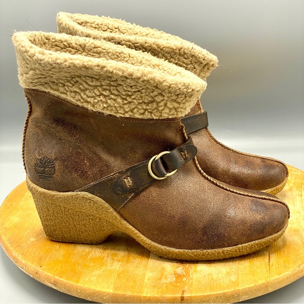 TIMBERLAND Booties Womens 9 Earth Keepers Anti Fatigue Brown Beige Leather Wedge